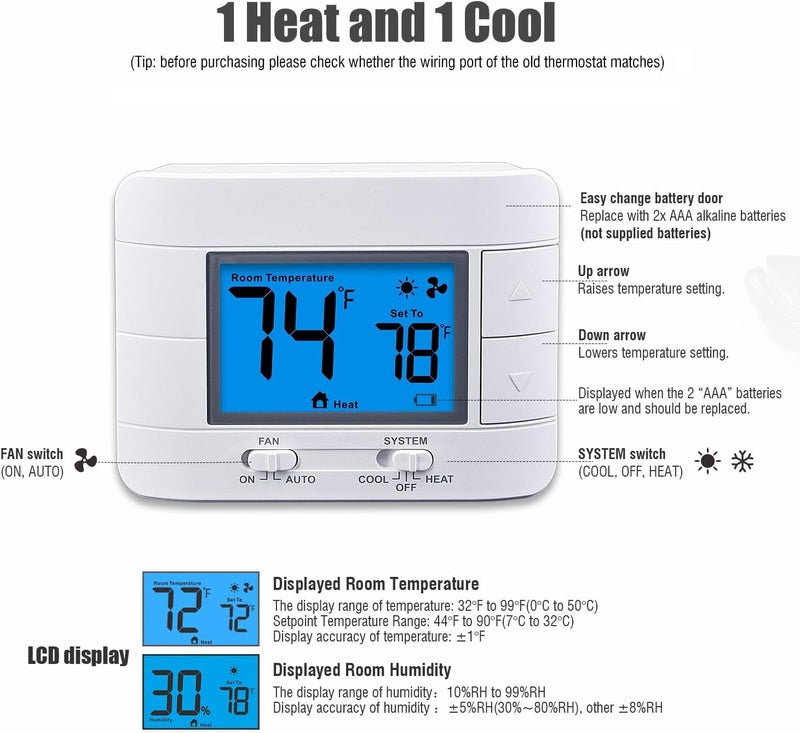 Aowel Non-Programmable Thermostats for House, Single-Stage 1 Heat/ 1 Cool, Simple Thermostat - Image 3